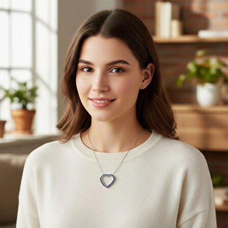 925 Ayar Gümüş Lacivert Zirkon Taşlı Kalp Kolye  Şık Ve Zarif Kadın Takı