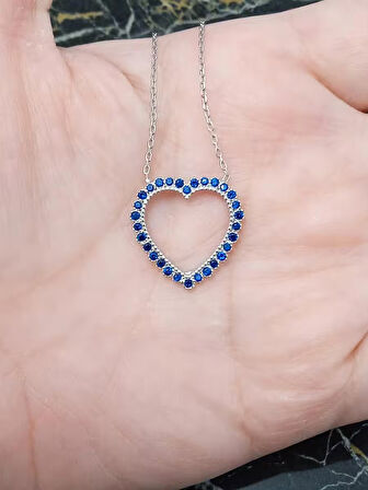 925 Ayar Gümüş Lacivert Zirkon Taşlı Kalp Kolye  Şık Ve Zarif Kadın Takı