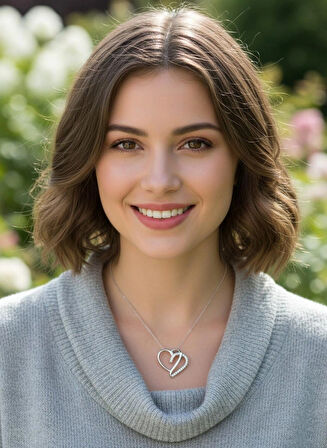 925 Ayar Gümüş Içi Boş Kalpli Zirkon Taşlı Kolye