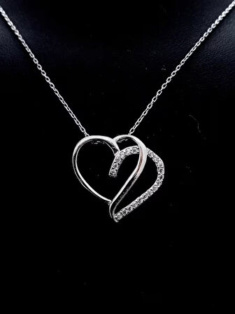 925 Ayar Gümüş Içi Boş Kalpli Zirkon Taşlı Kolye