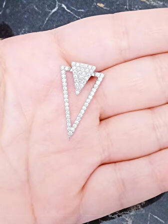 Kadın 925 Ayar Gümüş Üçgen Zirkon Taşlı Çivili Küpe, Iç Içe Üçgen Küpe