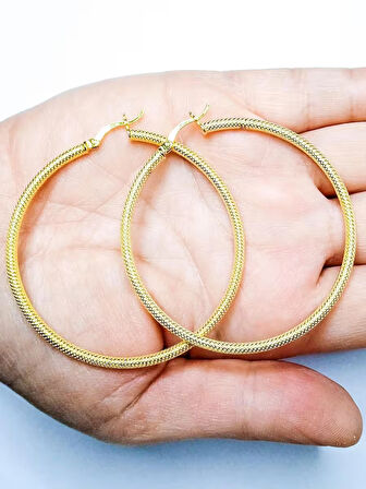 925 Ayar Gümüş Mat Dokulu Gold Kaplamalı Büyük Boy 5.5 Cm Halka Küpe