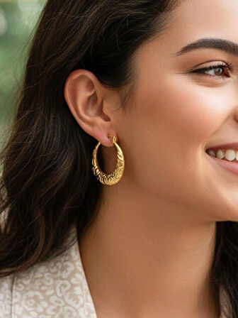 925 Ayar Gümüş Gold Kaplamalı Genişli Tasarımlı Büyük Boy Halka küpe