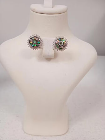 925 Ayar Gümüş Sedefli Yuvarlak Çok Renkli Zirkon Taşlı Çivili Küpe