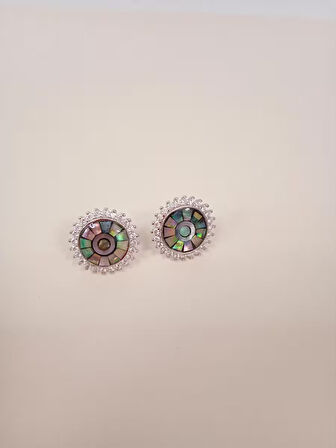 925 Ayar Gümüş Sedefli Yuvarlak Çok Renkli Zirkon Taşlı Çivili Küpe