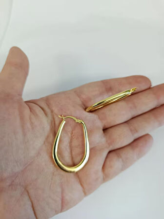 Kadın 925 ayar Gümüş Altın Kaplama Oval Halka Küpe