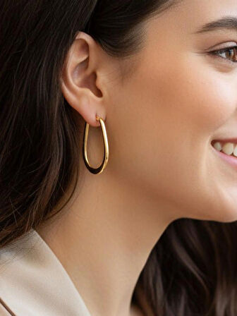 Kadın 925 ayar Gümüş Altın Kaplama Oval Halka Küpe