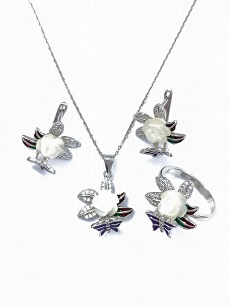 Kadın Aksesuar 925 Ayar Gümüş çiçek Kelebek zirkon Taşlı takı Seti