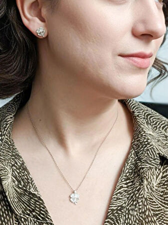 Kadın 925 Ayar Gümüş Minimal Yonca Yapraklı Zirkon Taşlı Takı Seti