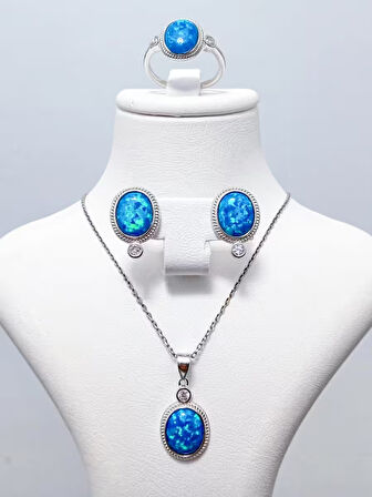 925 Ayar Gümüş Oval Mavi Opal Taşlı Takı Seti