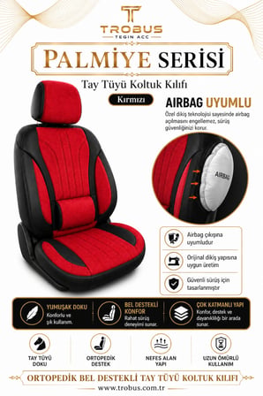 Renault Symbol 2008 Sonrası Uyumlu Palmiye Serisi Kırmızı Siyah Bel Destekli Tay Tüyü Koltuk Kılıfı