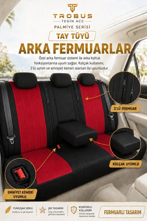 Renault Symbol 2008 Sonrası Uyumlu Palmiye Serisi Kırmızı Siyah Bel Destekli Tay Tüyü Koltuk Kılıfı