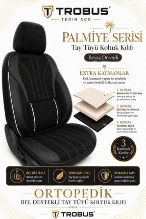 Renault Symbol 2008 Sonrası Uyumlu Palmiye Serisi Siyah Beyaz Bel Destekli Tay Tüyü Koltuk Kılıfı
