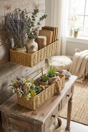 Buffer ® 2’li Duvar Askılı Plastik Rattan Organizer – Dikdörtgen Hasır Görünümlü Mutfak Raf Sepeti, B