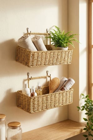 Buffer ® 2’li Duvar Askılı Plastik Rattan Organizer – Dikdörtgen Hasır Görünümlü Mutfak Raf Sepeti, B