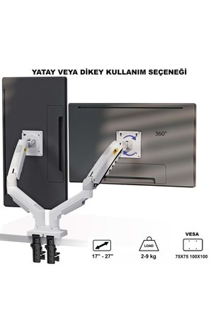 NB F160 Beyaz 17-27" Çift Kol Monitör Tutucu 2-9 kg Amostisörlü Vesa Monitör Standı