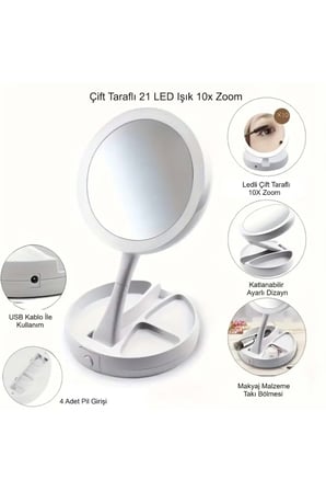 10X Büyütme Çift Taraflı Makyaj Ayna Katlanabilir 21 LED Işıklı Makyaj Aynası USB Kablo