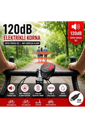 120 dB USB Şarjlı Elektrikli Bisiklet Kornası ve Anti Hırsızlık Alarm Zili Scooter Uyumlu