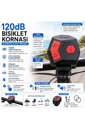 120 dB USB Şarjlı Elektrikli Bisiklet Kornası ve Anti Hırsızlık Alarm Zili Scooter Uyumlu