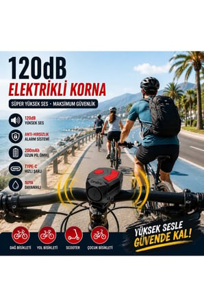 120 dB USB Şarjlı Elektrikli Bisiklet Kornası ve Anti Hırsızlık Alarm Zili Scooter Uyumlu