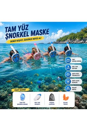 Tam Yüz Şnorkel Maskesi S-M – Geniş Panoramik Görüş ve Dry Top Koruma