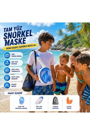 Tam Yüz Şnorkel Maskesi S-M – Geniş Panoramik Görüş ve Dry Top Koruma