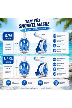 Tam Yüz Şnorkel Maskesi S-M – Geniş Panoramik Görüş ve Dry Top Koruma