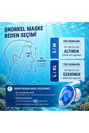 Tam Yüz Şnorkel Maskesi S-M – Geniş Panoramik Görüş ve Dry Top Koruma