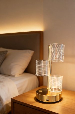3 Parça Silindirik Kristal Ekose Kareli LED Masa Lambası – Gold Gövdeli, Dokunmatik, 3 Kadem