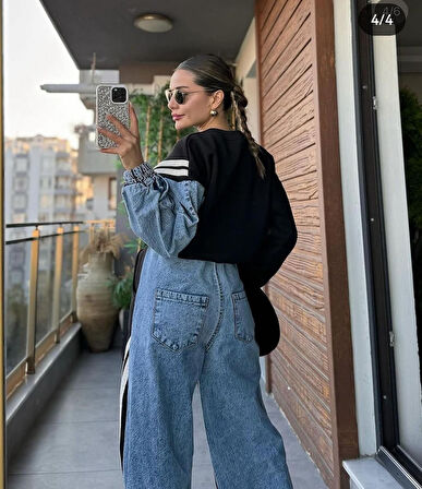 POLOPASS 027-Alt Kadın Penye Kot Denim Şeritli Eşofman Altı