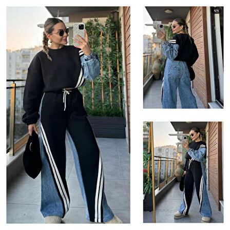 POLOPASS 027-Alt Kadın Penye Kot Denim Şeritli Eşofman Altı