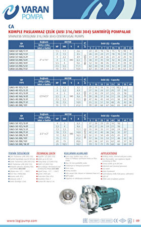 Varan CA 65-40-200/7.5T Paslanmaz Santrifüj Pompa 10 HP / 7.5 kW, Trifaze 380 V, 53 Mss (AISI 316)