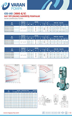Varan CES-I 40-13-01502 İn-line Döküm Santrifüj Pompa 2 HP / 1.5 kW, Trifaze 380 V, 21 Mss, 20 m3/h