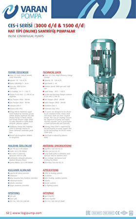 Varan CES-I 50-13-01502 İn-line Döküm Santrifüj Pompa 2 HP / 1.5 kW, Trifaze 380 V, 18 Mss, 25 m3/h