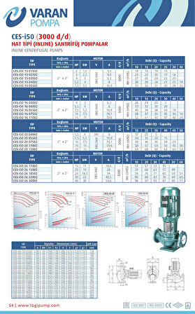 Varan CES-I 50-13-03002 İn-line Döküm Santrifüj Pompa 4 HP / 3 kW, Trifaze 380 V, 27 Mss, 30 m3/h
