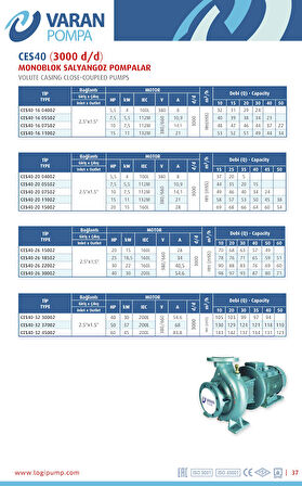 Varan CES 40-16-07502 Monoblok EN 733 Santrifüj Pompa 10 HP / 7.5 kW, Trifaze 380 V, 48 Mss, 50 m3/h