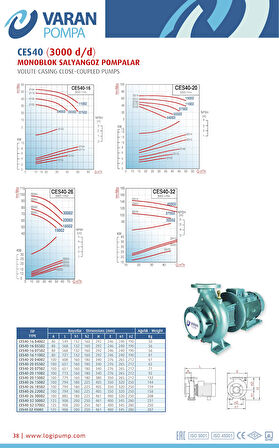 Varan CES 40-16-11002 Monoblok EN 733 Santrifüj Pompa 15 HP / 11.2 kW, Trifaze 380 V, 53 Mss, 50 m3/h