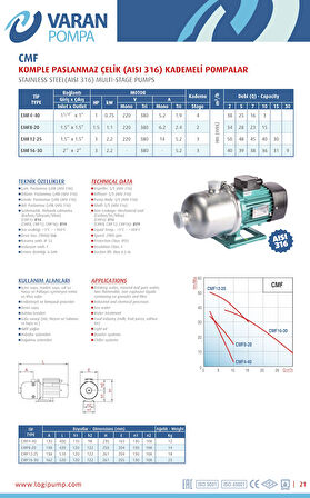 Varan CMF 4-40 Kademeli Paslanmaz Santrifüj Pompa 1 HP/ 0.75 kW, Monofaze 220 V, 38 Mss (AISI 316)