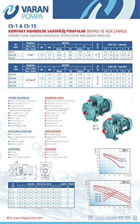 Varan CS 151 Tek Kademe Monoblok Santrifüj Pompa 1 HP/ 0.75 kW, Trifaze 380 V, 26 Mss, 16 m3/h