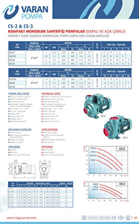 Varan CS 315 Tek Kademe Monoblok Santrifüj Pompa 1.5 HP / 1.1 kW, Trifaze 380 V, 11 Mss, 50 m3/h