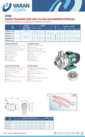 Varan DWB 250/100T Tek Kademe Paslanmaz Santrifüj Pompa 1.5 HP / 1.1 kW, Trifaze 380 V (AISI 304 )