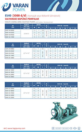 Varan ES 40-20-04002 Uçtan Emişli EN 733 Santrifüj Pompa 5.5 HP / 4 kW, Trifaze 380 V, 37 Mss, 30 m3/h