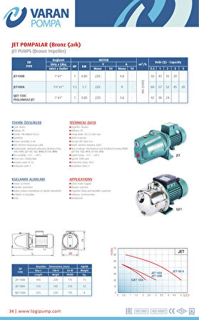Varan SJET 100C Paslanmaz JET (Kendiden Emişli) Pompa 1 HP/ 0.75 kW, Monofaze 220 V, 42 Mss, 2 m3/h