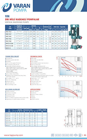 Varan VM 4-9x4 Dikey Kademeli Noril Fanlı Santrifüj Pompa 1.5 HP / 1.1 kW, Monofaze 220 V, 53 Mss, 12 m3/h