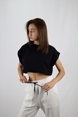 Siyah Basic Kolsuz Crop Sweatshirt