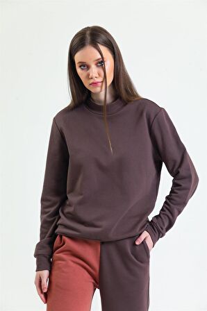 Kahverengi Dik Yaka Sweatshirt