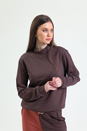 Kahverengi Dik Yaka Sweatshirt