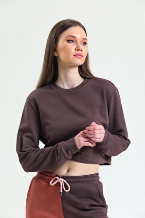 Kahverengi Bisiklet Yaka Crop Sweatshirt