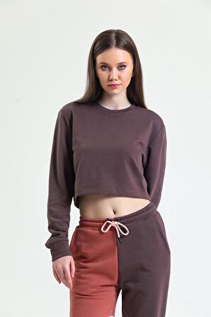 Kahverengi Bisiklet Yaka Crop Sweatshirt