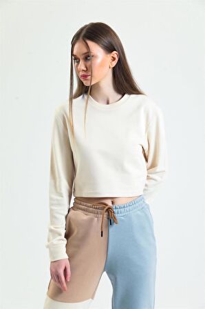 Krem Bisiklet Yaka Crop Sweatshirt